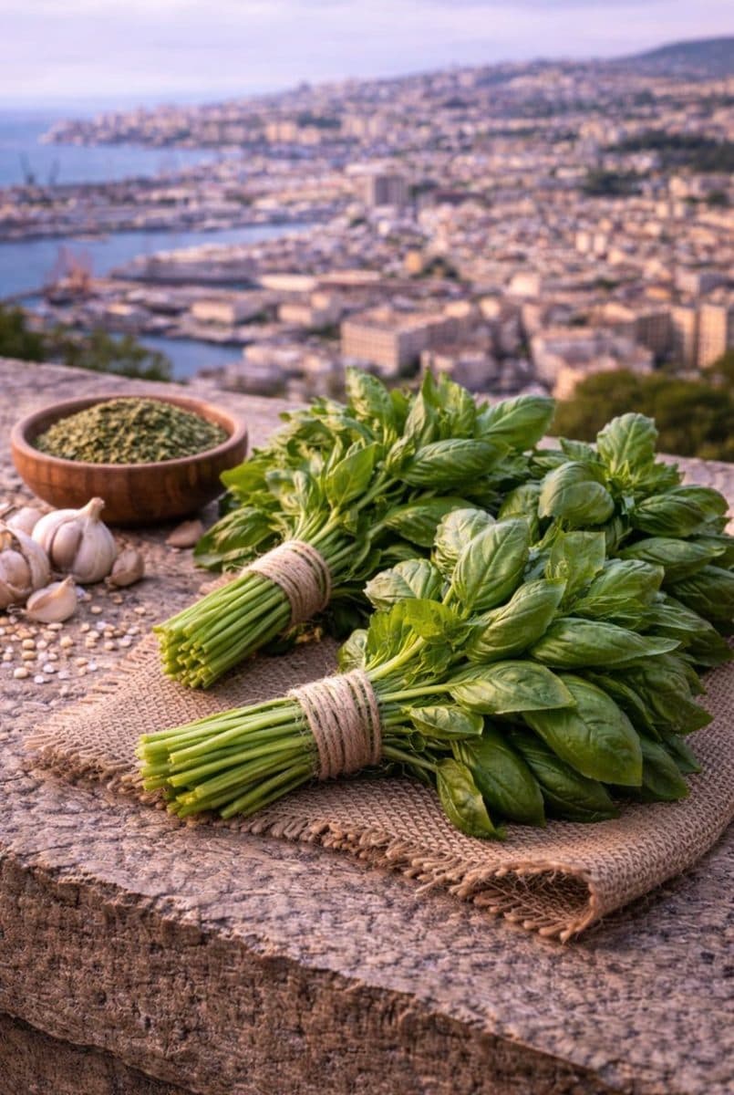 Genovese basil, dried or in traditional bunches — authentic souvenir of Genova